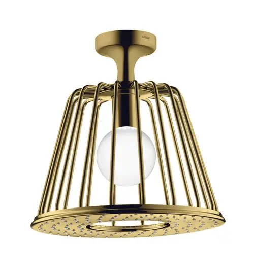 Deckenleuchte mit goldfarbener Gitterstruktur und einer Glühbirne im Zentrum, hergestellt von AXOR. Sorgt für eine einzigartige Lichtstimmung im Raum.